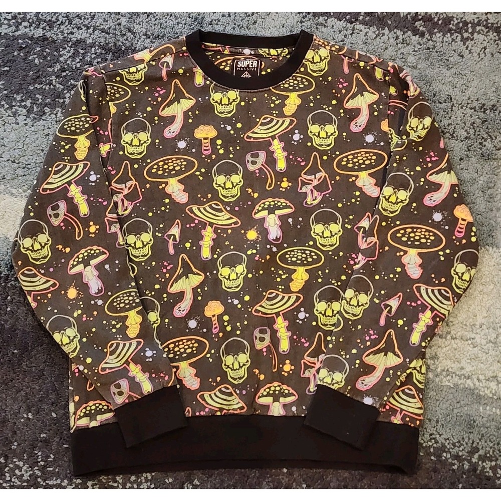 Super Massive Neon Skulls and Mushrooms Sweatshirt Mens Size Medium